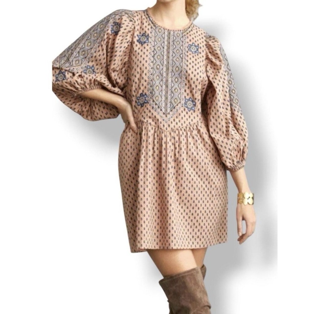 Anthropologie Embroidered Tunic Mini Dress Blue & Metallic Floral Embroidery S